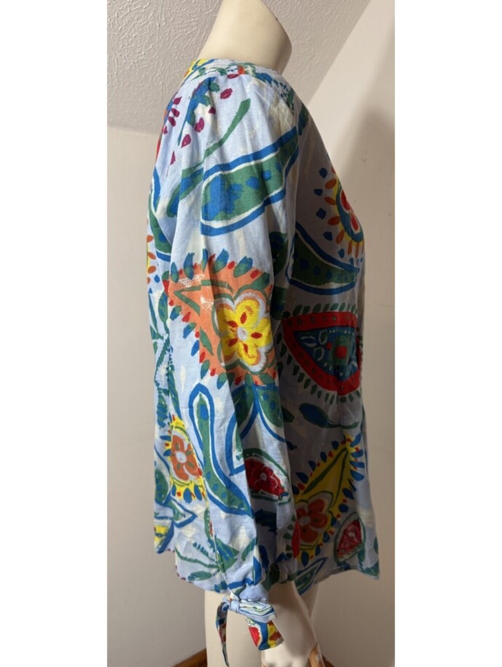 Hester Orchard Womens Large Blue Floral Button Top Linen Blend Blouse 3/4 Sleeve - Picture 3 of 9